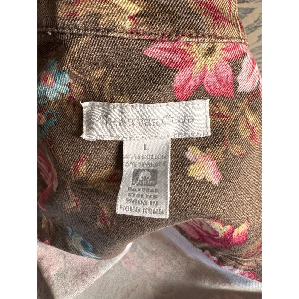 Charter Club Womens Floral Denim Trucker Jacket Large Brown Pink Stretch Cotton - Picture 8 of 8